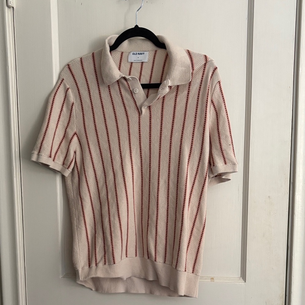 Old Navy Men's Polo Shirt with Cream and Red Stripes
